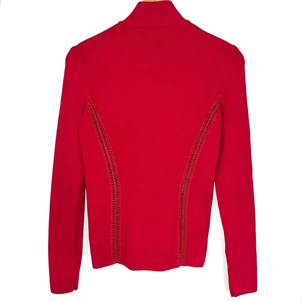 Lillie Rubin Knitwear Red Textured Cutout Full Zip Jacket Size Small